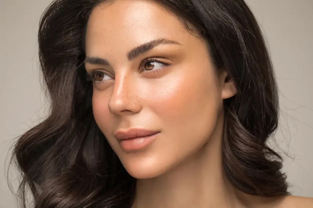 Beautiful brunette woman with lip fillers and botox