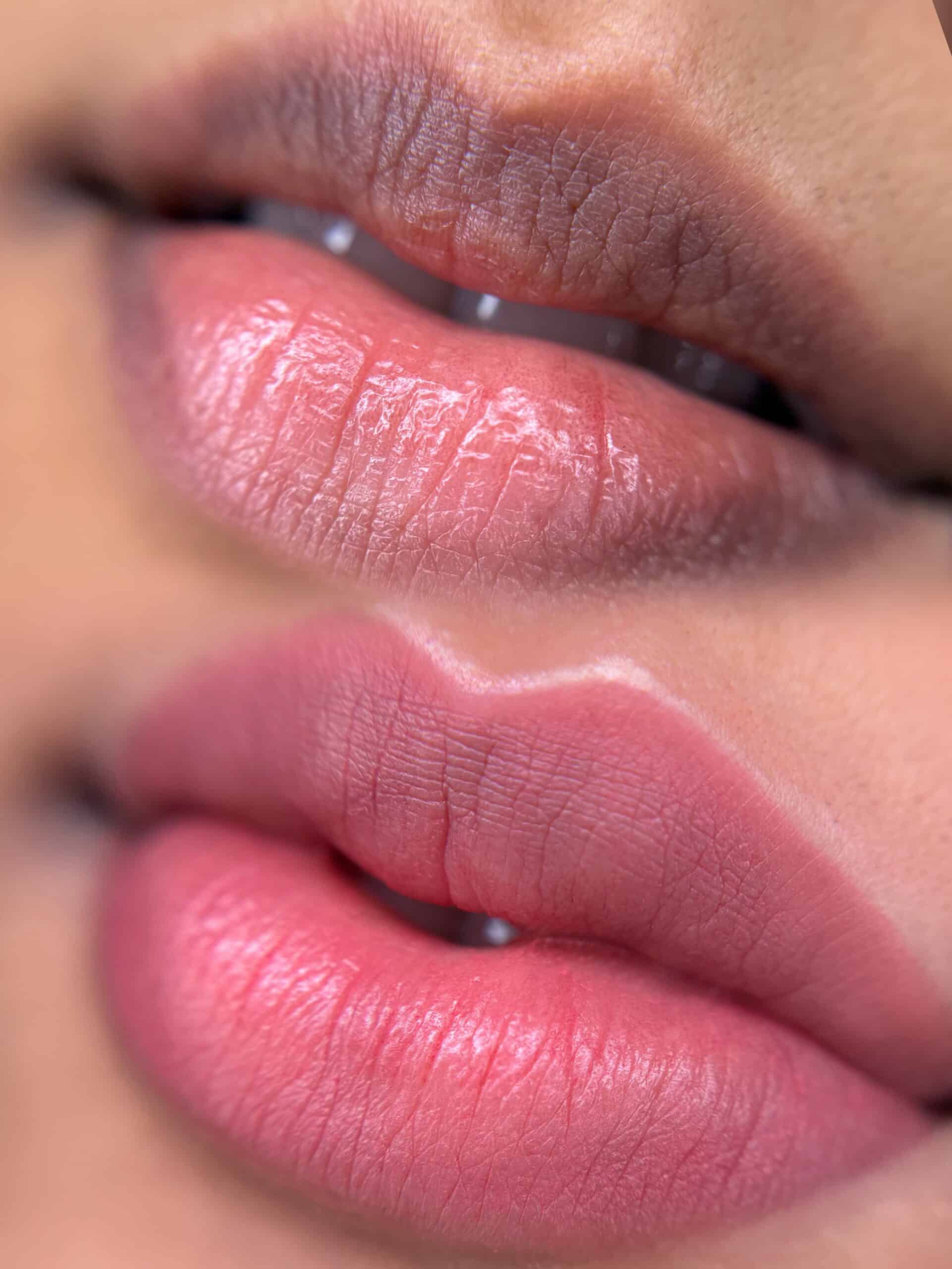 Natural pink lip blush tattoo before and after for soft color enhancement